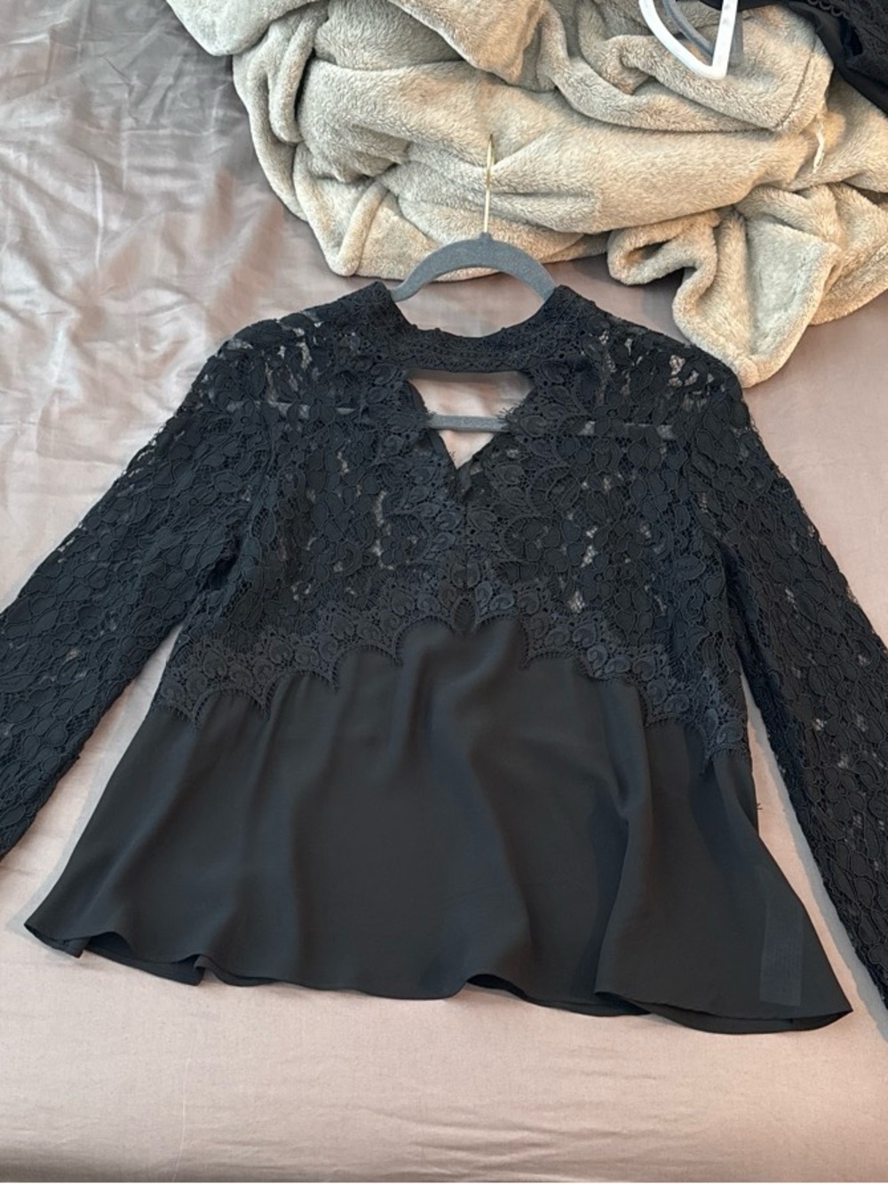 Vici Black Lace Peplum Blouse with Keyhole Back